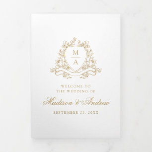 Elegant Gold Floral Crest Monogram Wedding Tri-Fold Programme