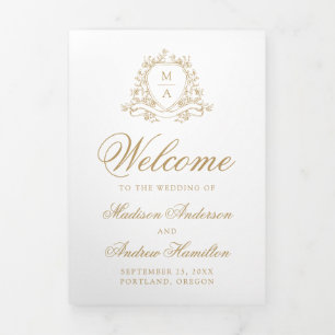 Elegant Gold Floral Crest Monogram Wedding Tri-Fold Programme