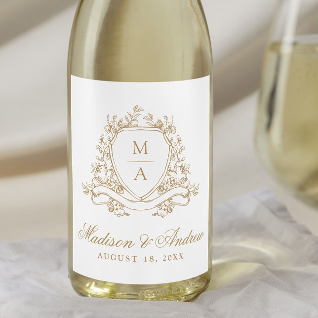 Elegant Gold Floral Crest Monogram Wedding Wine Label (Creator Uploaded)