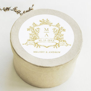 Elegant Gold Floral Crest Monograms Wedding Classic Round Sticker