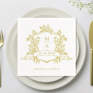 Elegant Gold Floral Crest Monograms Wedding Napkin