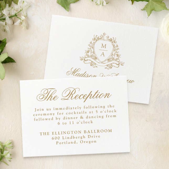 Elegant Gold Floral Crest Wedding Reception Enclosure Card (Creator Uploaded)