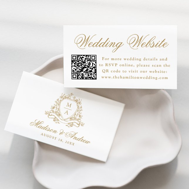 Elegant Gold Floral Crest Wedding Website QR Code Enclosure Card (Creator Uploaded)