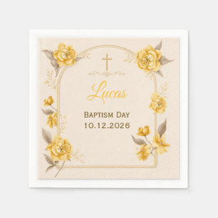 Elegant Gold Floral Cross Baby Baptism paper Napkin