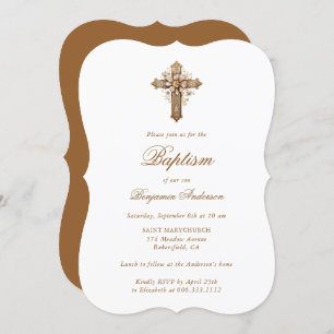 Elegant Gold Floral Cross Baptism Invitation