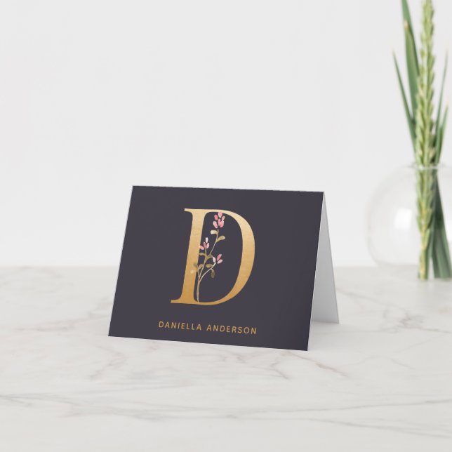 Elegant Gold Floral D Monogram Chic Personalised Note Card (Front)