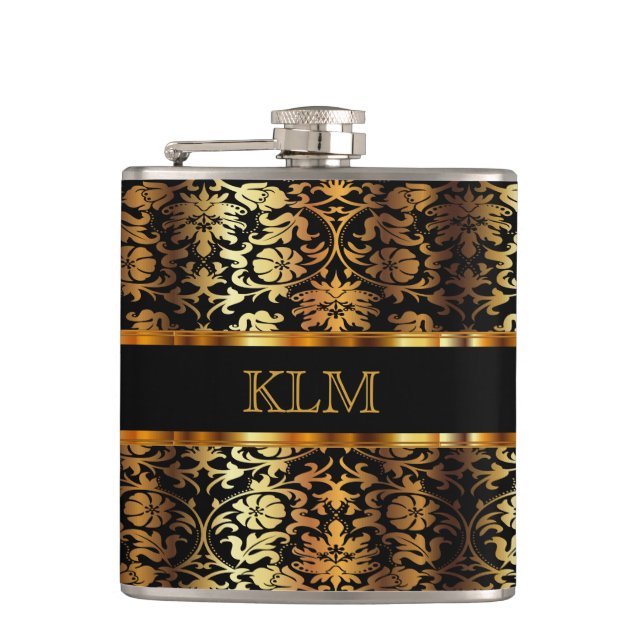 Elegant Gold Floral Damask and Black Hip Flask (Front)