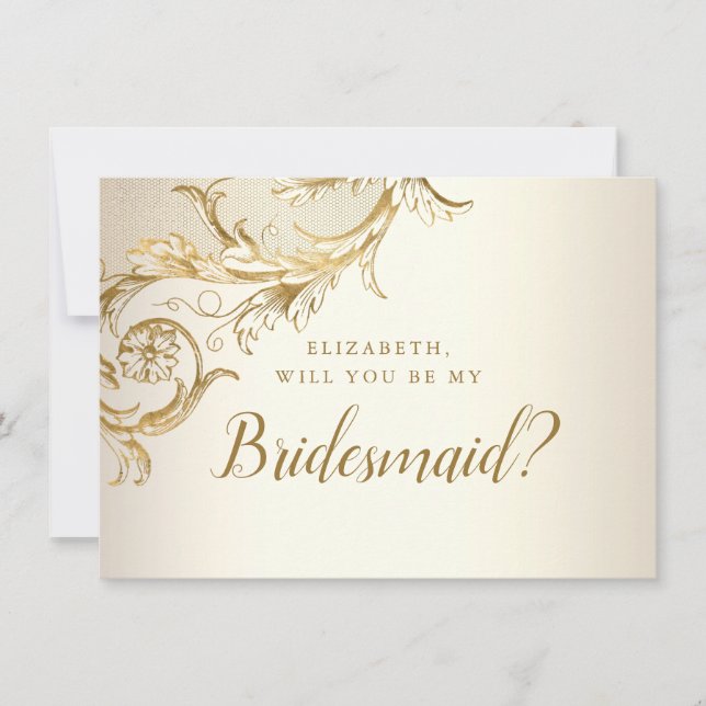 Elegant Gold Floral Damask Script Bridesmaid Invitation (Front)