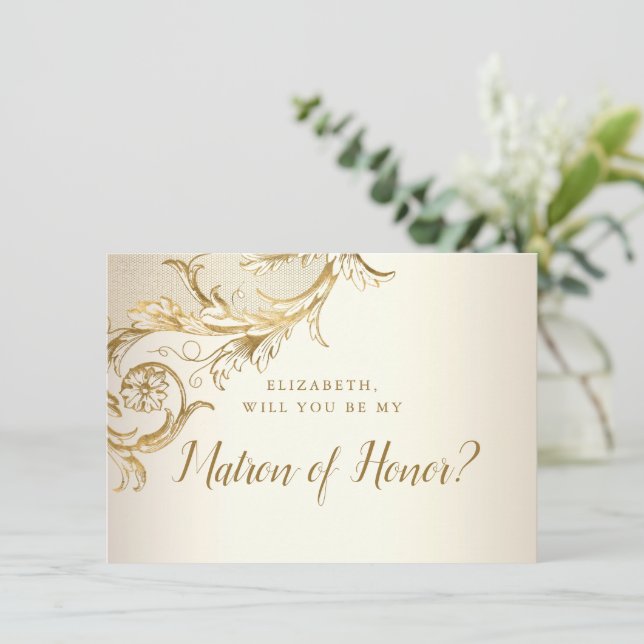 Elegant Gold Floral Damask Script Matron of Honour Invitation (Standing Front)