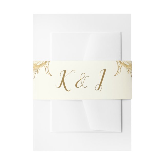 Elegant Gold Floral Damask Script Monogram Wedding Invitation Belly Band (Front Example)