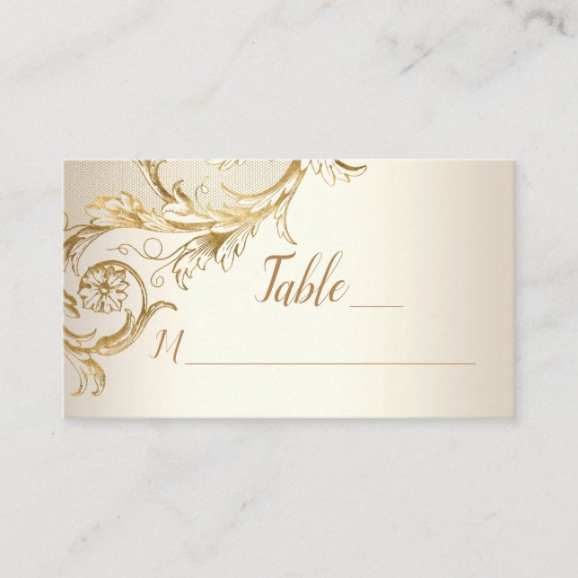 Elegant Gold Floral Damask Script Monogram Wedding Place Card (Front)