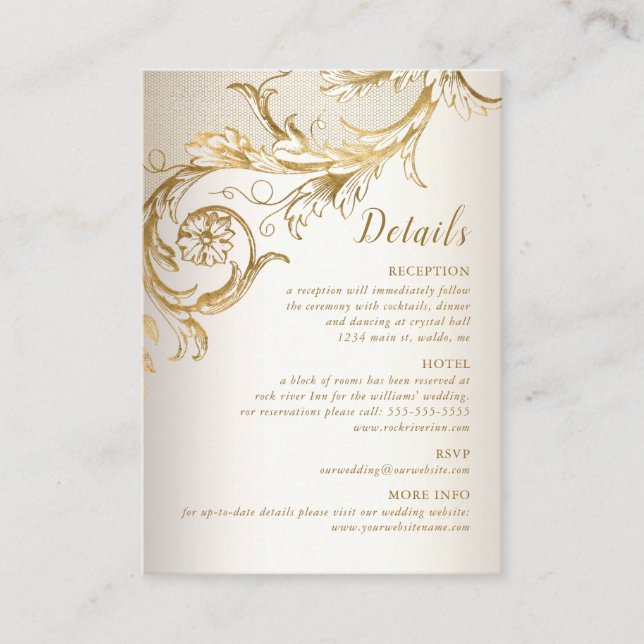Elegant Gold Floral Damask Script Wedding Details Enclosure Card (Front)