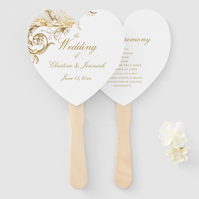 Elegant Gold Floral Damask Script White Wedding Hand Fan (Front and Back)