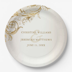 Elegant Gold Floral Damask Shiny Champagne Wedding Paper Plate