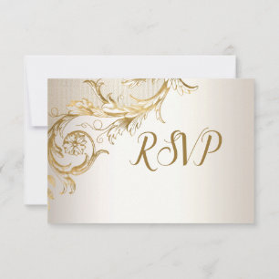 Elegant Gold Floral Damask Shiny Champagne Wedding RSVP Card
