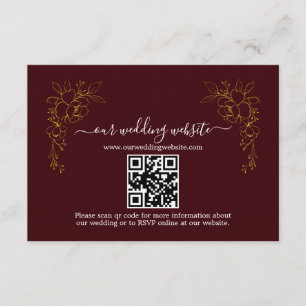 Elegant Gold Floral Deep Burgundy QR Code Wedding Enclosure Card