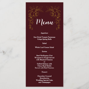 Elegant Gold Floral Deep Burgundy Wedding  Menu