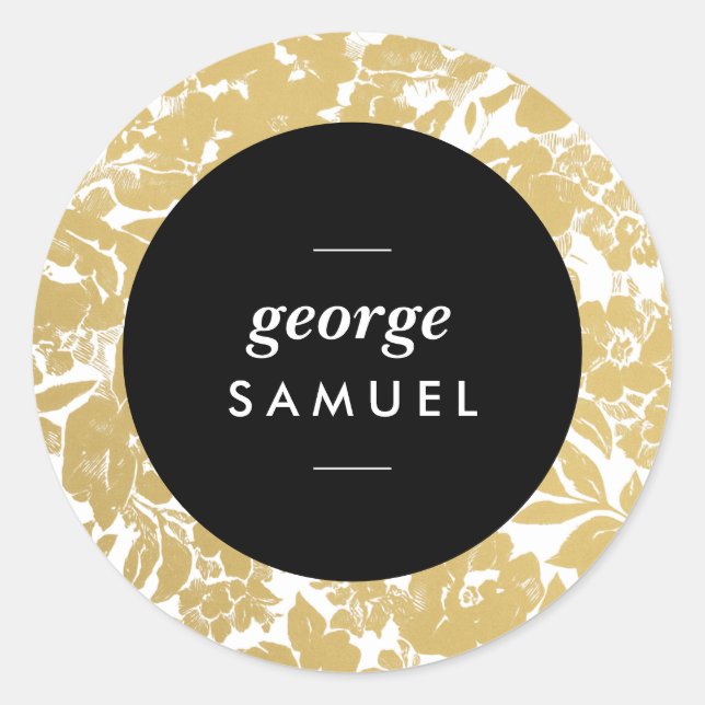 Elegant Gold Floral Design With Bold Black Circle Classic Round Sticker (Front)
