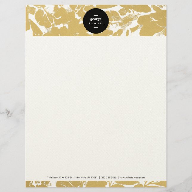 Elegant Gold Floral Design With Bold Black Circle Custom Letterhead (Front)