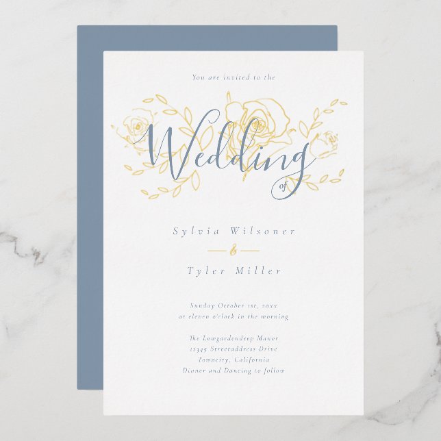 Elegant Gold Floral Dusty Blue Wedding (Front/Back)