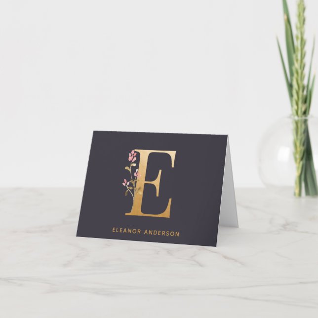 Elegant Gold Floral E Monogram Chic Personalised Note Card (Front)