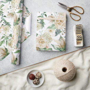 Elegant Gold Floral Etching Creme Watercolor Rose  Wrapping Paper
