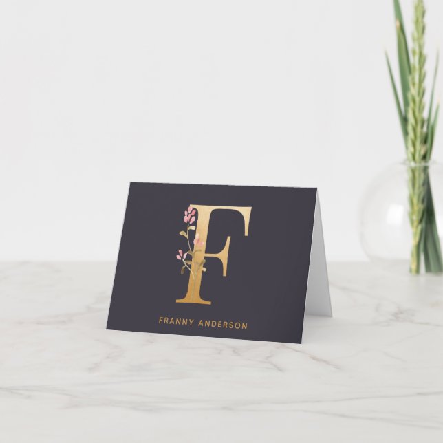 Elegant Gold Floral F Monogram Chic Personalised Note Card (Front)
