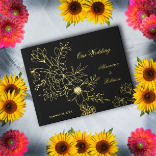 Elegant Gold Floral Flowers Wedding Black  Guest Book
