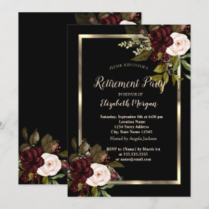 Elegant Gold Floral Frame Burgundy Roses Black  Invitation