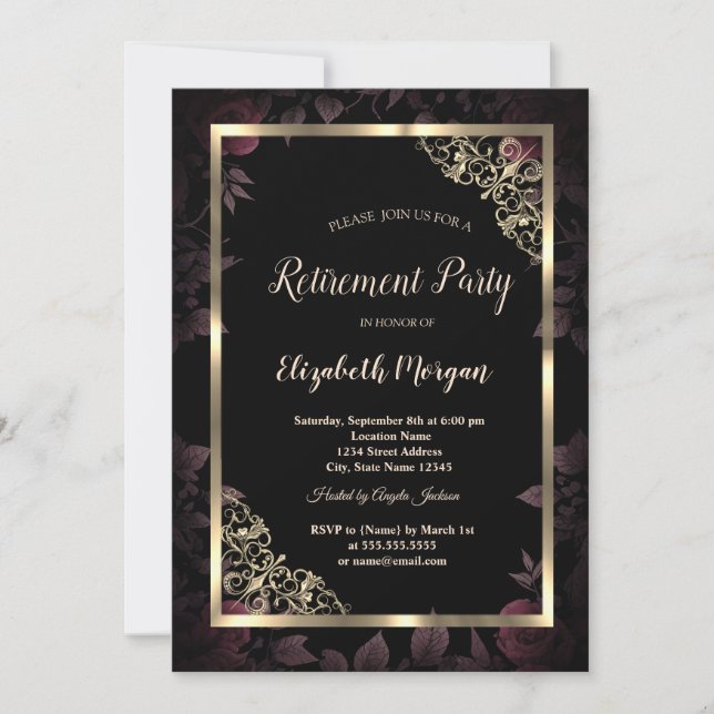 Elegant Gold Floral Frame Dark Flowers Retirement Invitation (Front)