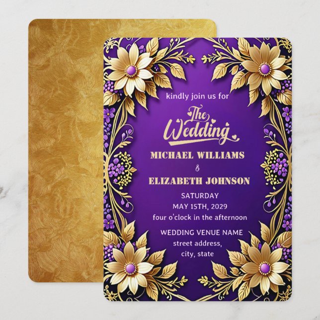 Elegant Gold Floral Frame Purple Wedding Invitation (Front/Back)