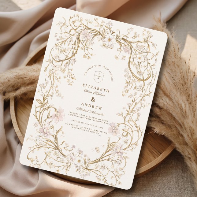 Elegant Gold Floral Frame Romantic Wedding Invitation (Creator Uploaded)