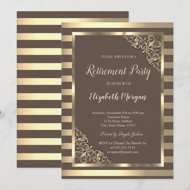 Elegant Gold Floral Frame Striped Brown Retirement Invitation (Front/Back)