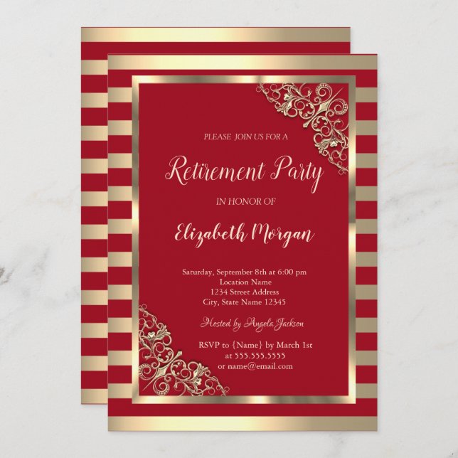 Elegant Gold Floral Frame Striped Red Retirement Invitation (Front/Back)