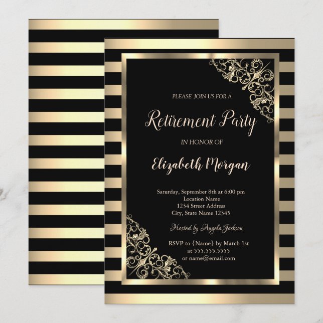 Elegant Gold Floral Frame Striped Retirement Invitation (Front/Back)
