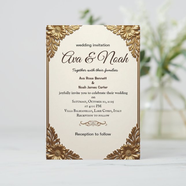 Elegant Gold Floral Frame Wedding Invitation  (Standing Front)