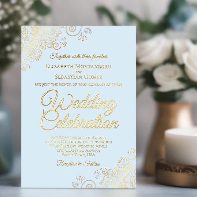 Elegant Gold Floral Frills on Powder Blue Wedding (Creator Uploaded)