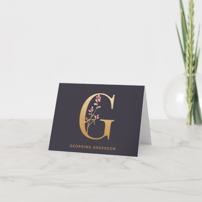 Elegant Gold Floral G Monogram Chic Personalized Note Card (Front)
