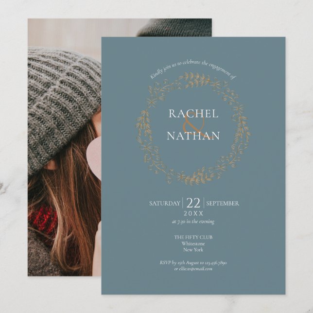 Elegant Gold Floral Garland Engagement Invitation (Front/Back)
