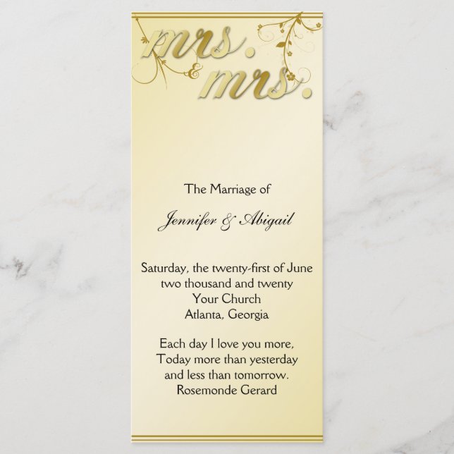 Elegant Gold Floral Gay Wedding Program Programme (Front)
