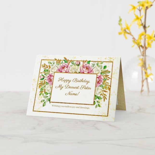 Elegant Gold Floral Glitter Personalised Birthday Card (Yellow Flower)