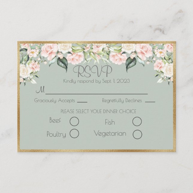 Elegant Gold Floral Green Script Wedding RSVP (Front)