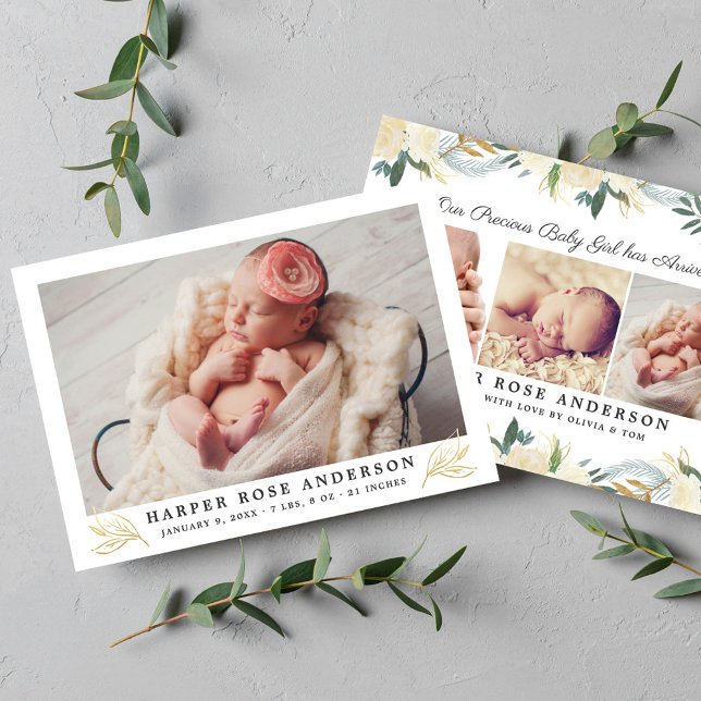 Elegant Gold Floral Greenery Baby Girl Photo Birth Announcement (Creator Uploaded)