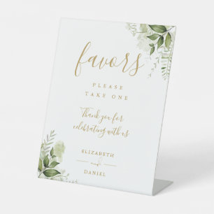 Elegant Gold Floral Greenery Modern Script Favours Pedestal Sign