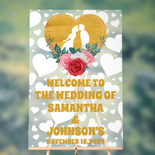 Elegant Gold Floral Heart Wedding Welcome Frosted Acrylic Sign