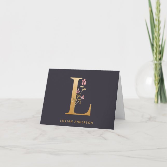 Elegant Gold Floral L Monogram Chic Personalised Note Card (Front)