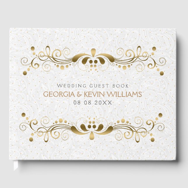 Elegant Gold Floral Lace Frame Guest Book (Front)
