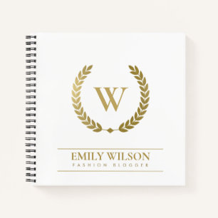 ELEGANT GOLD FLORAL LAUREL WREATH INITIAL MONOGRAM NOTEBOOK
