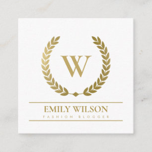 ELEGANT GOLD FLORAL LAUREL WREATH INITIAL MONOGRAM SQUARE BUSINESS CARD