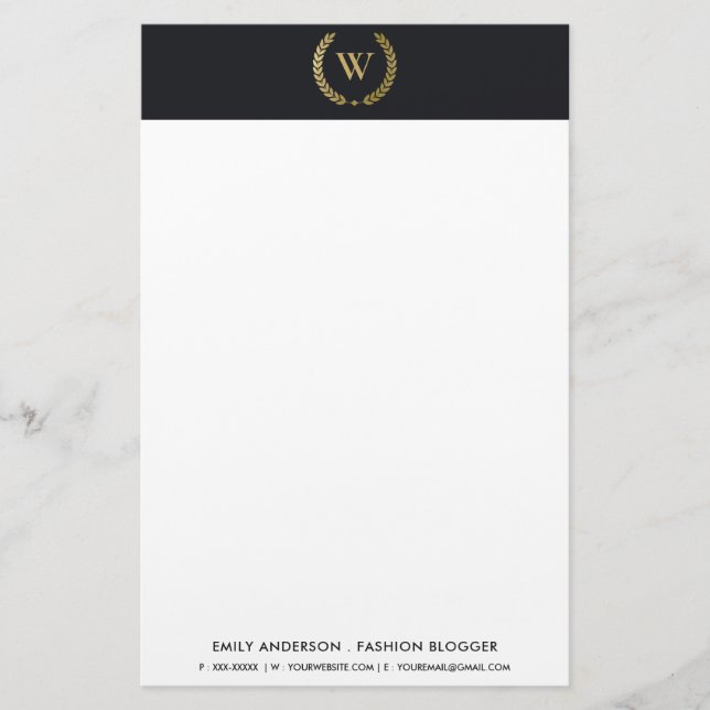 ELEGANT GOLD FLORAL LAUREL WREATH INITIAL MONOGRAM STATIONERY (Front)